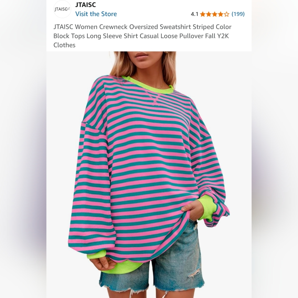 Oversized Crewneck Pink & Green Striped Sweatshirt - Size Small